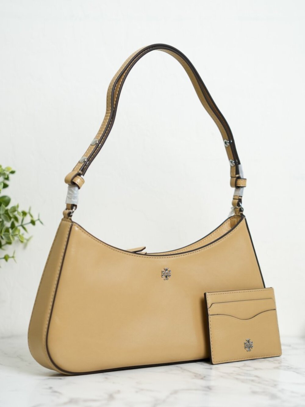 Tory Burch Rory Glazed Leather Shoulder Bag & Card Case in Warm Butter *SET* NWT